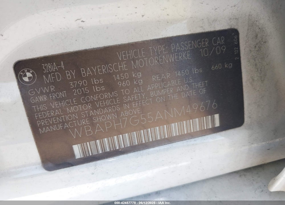 2010 BMW 328I VIN: WBAPH7G55ANM49676