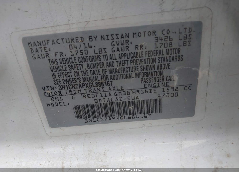 2016 NISSAN VERSA VIN: 3N1CN7APXGL886167