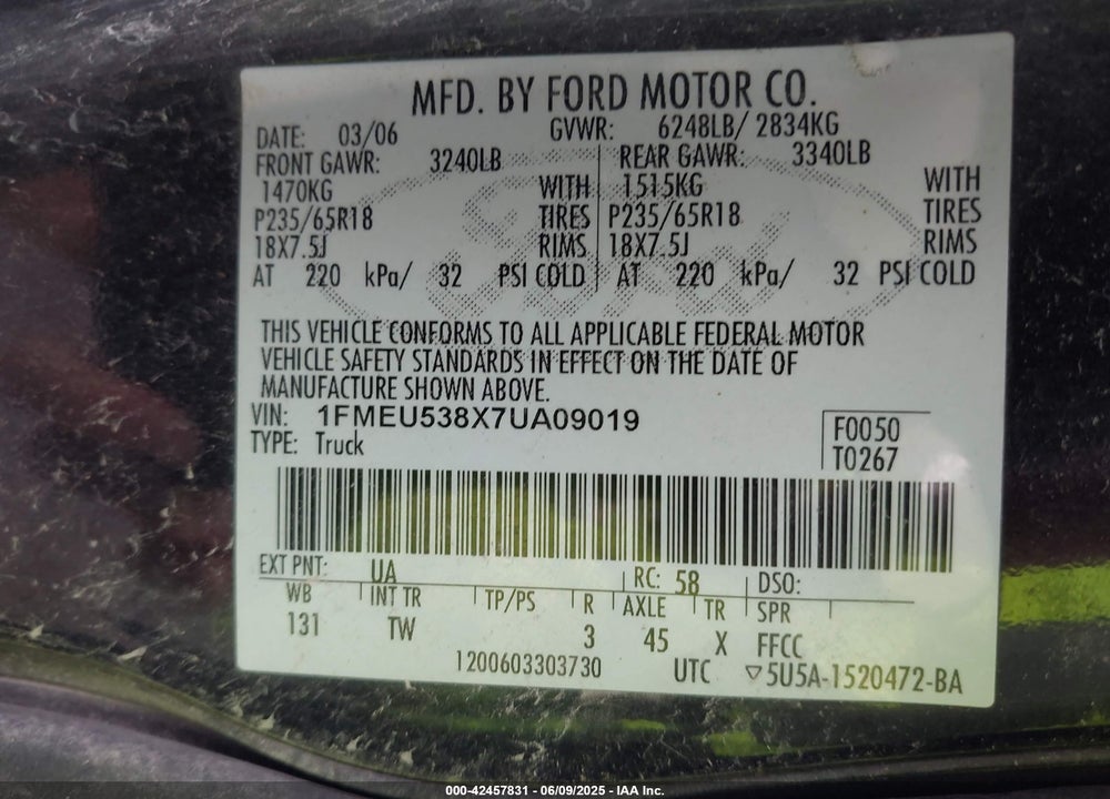 2007 FORD EXPLORER SPORT TRAC LIMITED VIN: 1FMEU538X7UA09019