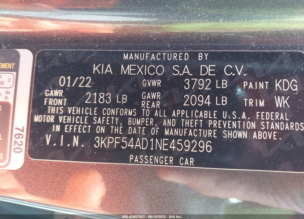 2022 KIA FORTE GT LINE VIN: 3KPF54AD1NE459296