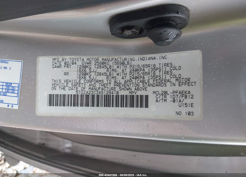 2004 TOYOTA SIENNA LE VIN: 5TDZA23C34S129410