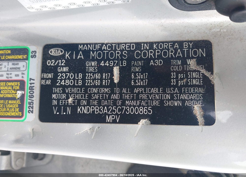 2012 KIA SPORTAGE LX VIN: KNDPB3A25C7300865
