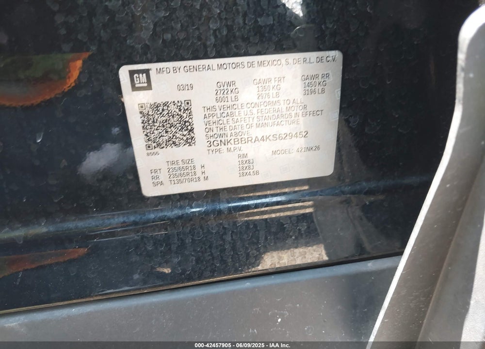 2019 CHEVROLET BLAZER VIN: 3GNKBBRA4KS629452
