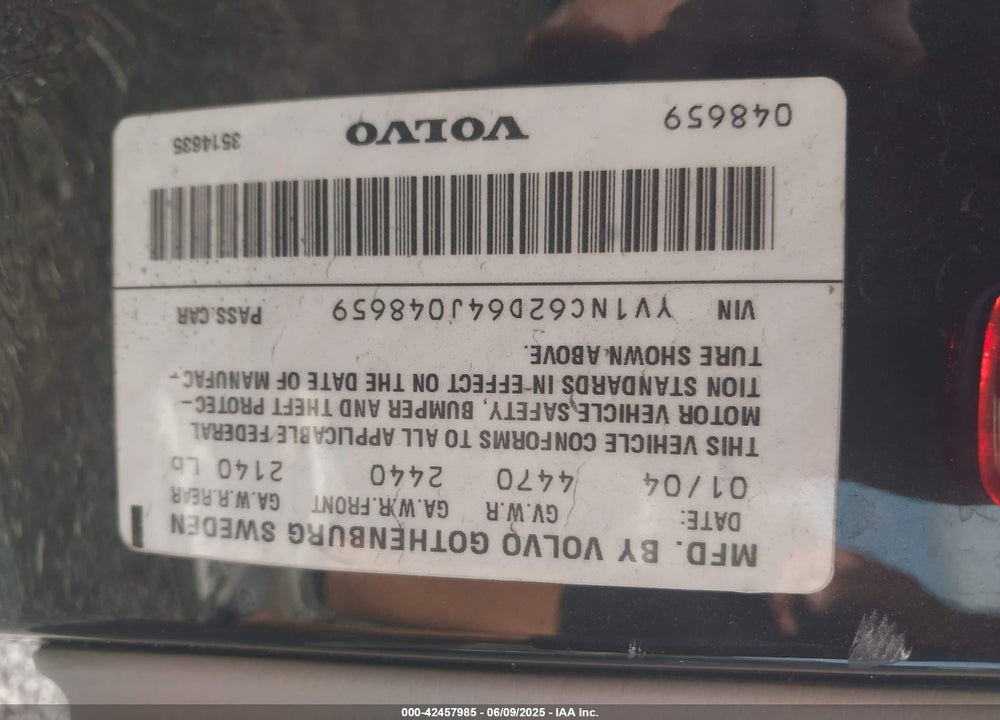 2004 VOLVO C70 HT VIN: YV1NC62D64J048659