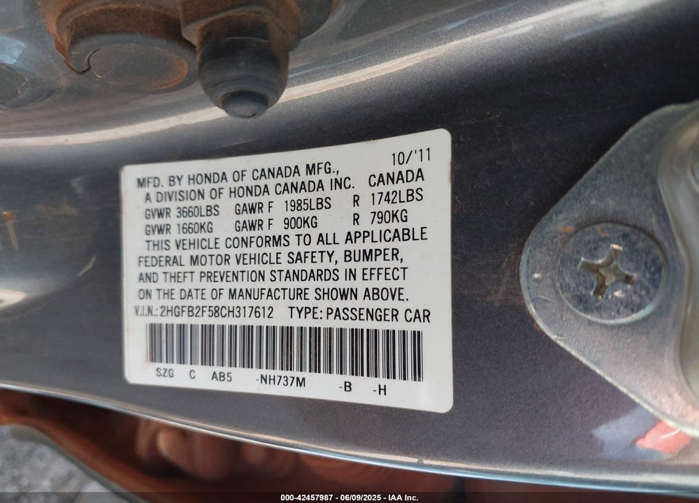 2012 HONDA CIVIC VIN: 2HGFB2F58CH317612