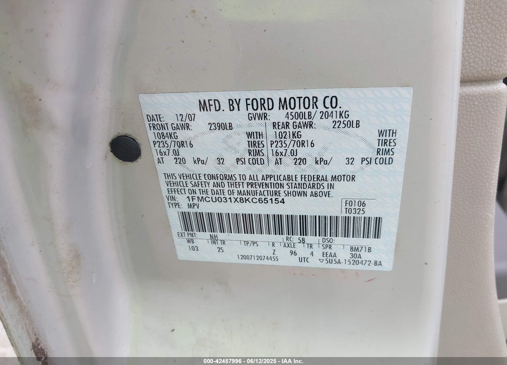 2008 FORD ESCAPE XLT VIN: 1FMCU031X8KC65154