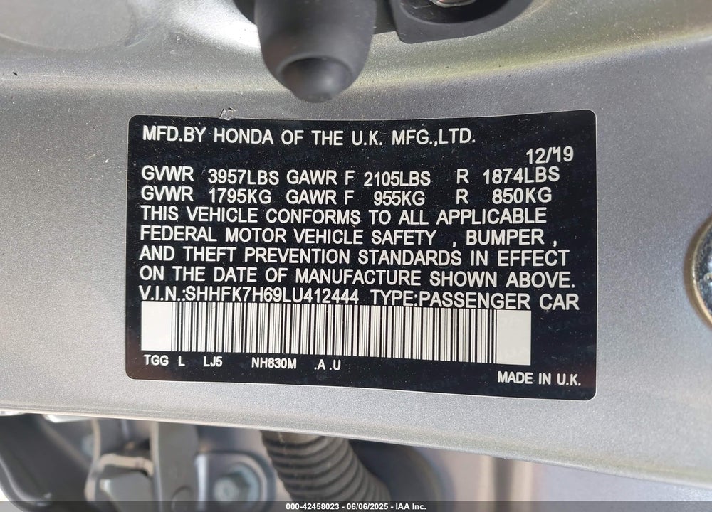 2020 HONDA CIVIC VIN: SHHFK7H69LU412444