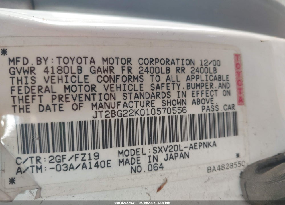 2001 TOYOTA CAMRY VIN: JT2BG22K010570556