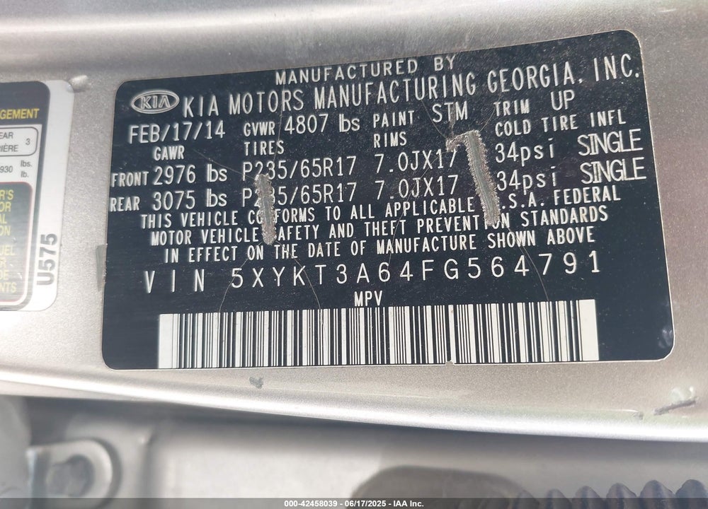 2015 KIA SORENTO VIN: 5XYKT3A64FG564791