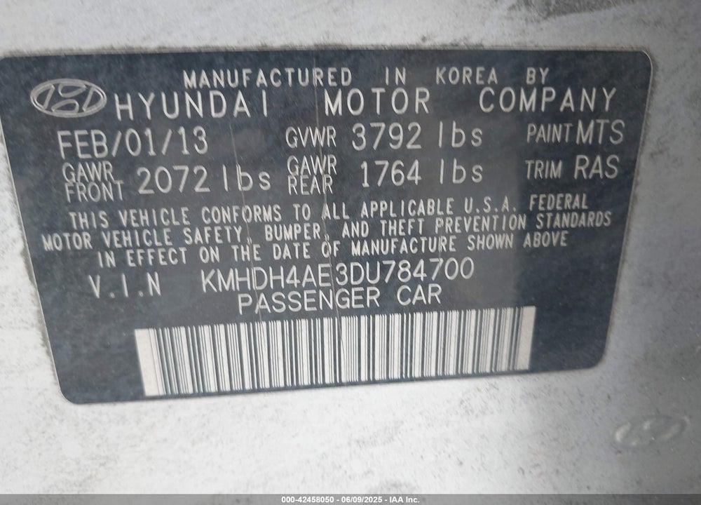 2013 HYUNDAI ELANTRA VIN: KMHDH4AE3DU784700