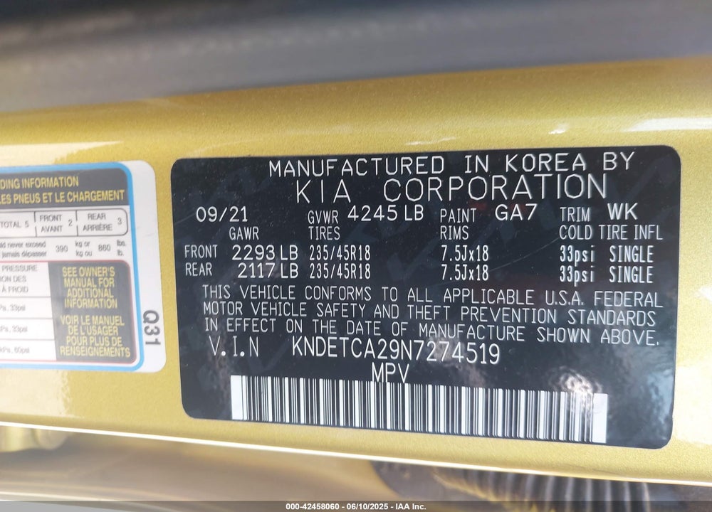 2022 KIA SELTOS VIN: KNDETCA29N7274519