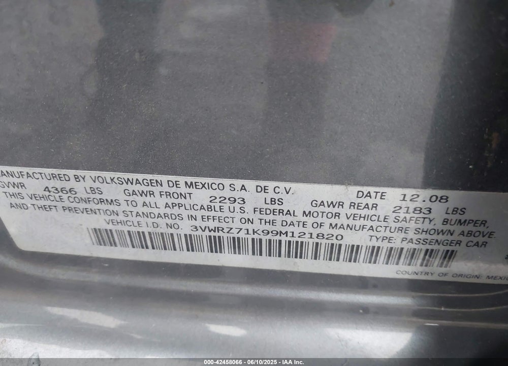 2009 VOLKSWAGEN JETTA VIN: 3VWRZ71K99M121820