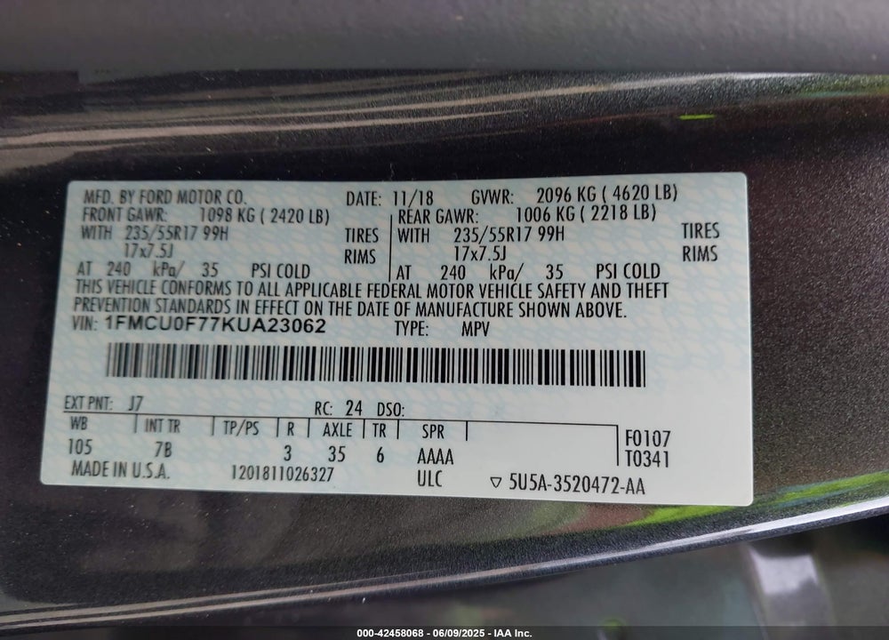 2019 FORD ESCAPE VIN: 1FMCU0F77KUA23062