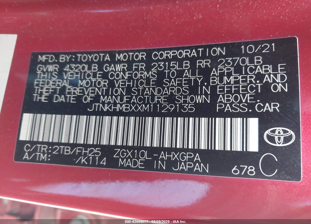 2021 TOYOTA C-HR VIN: JTNKHMBXXM1129135