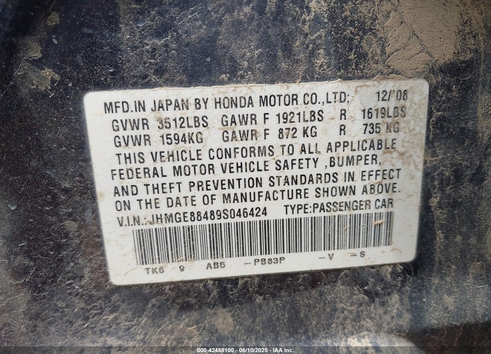 2009 HONDA FIT VIN: JHMGE88489S046424