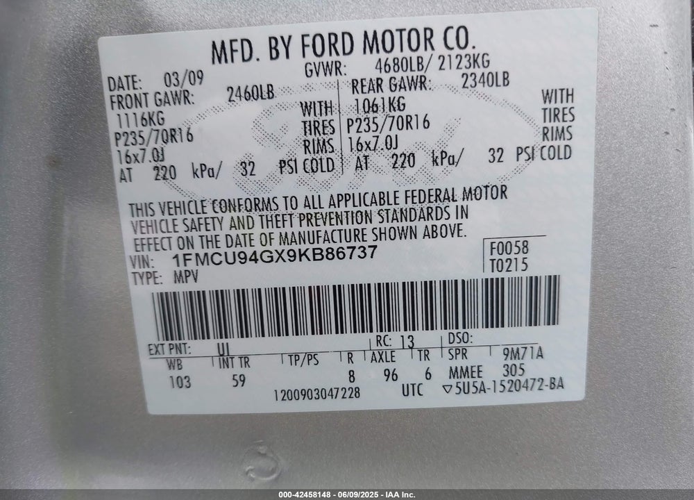 2009 FORD ESCAPE VIN: 1FMCU94GX9KB86737