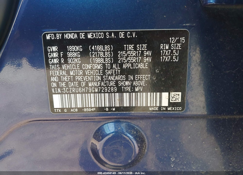2016 HONDA HR-V EX-L VIN: 3CZRU6H79GM729289