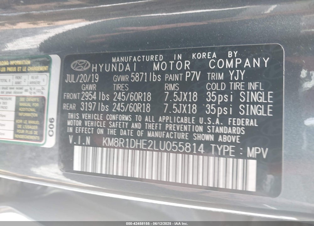 2020 HYUNDAI PALISADE VIN: KM8R1DHE2LU055814