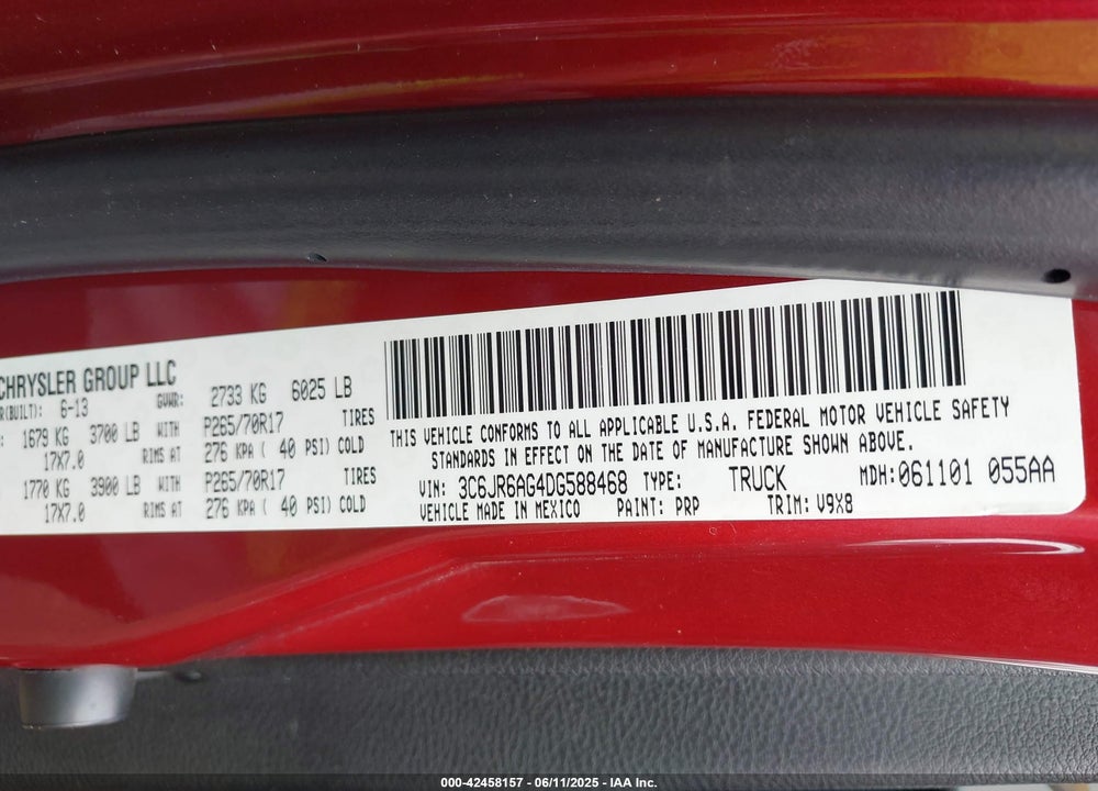 2013 RAM 1500 VIN: 3C6JR6AG4DG588468
