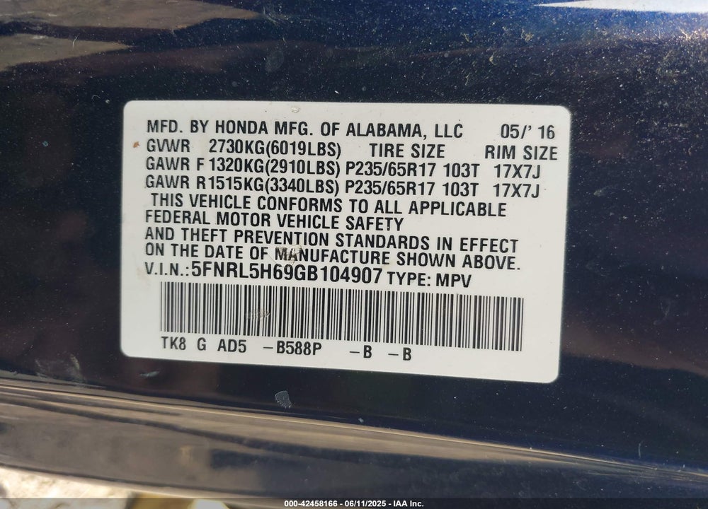 2016 HONDA ODYSSEY EX-L VIN: 5FNRL5H69GB104907