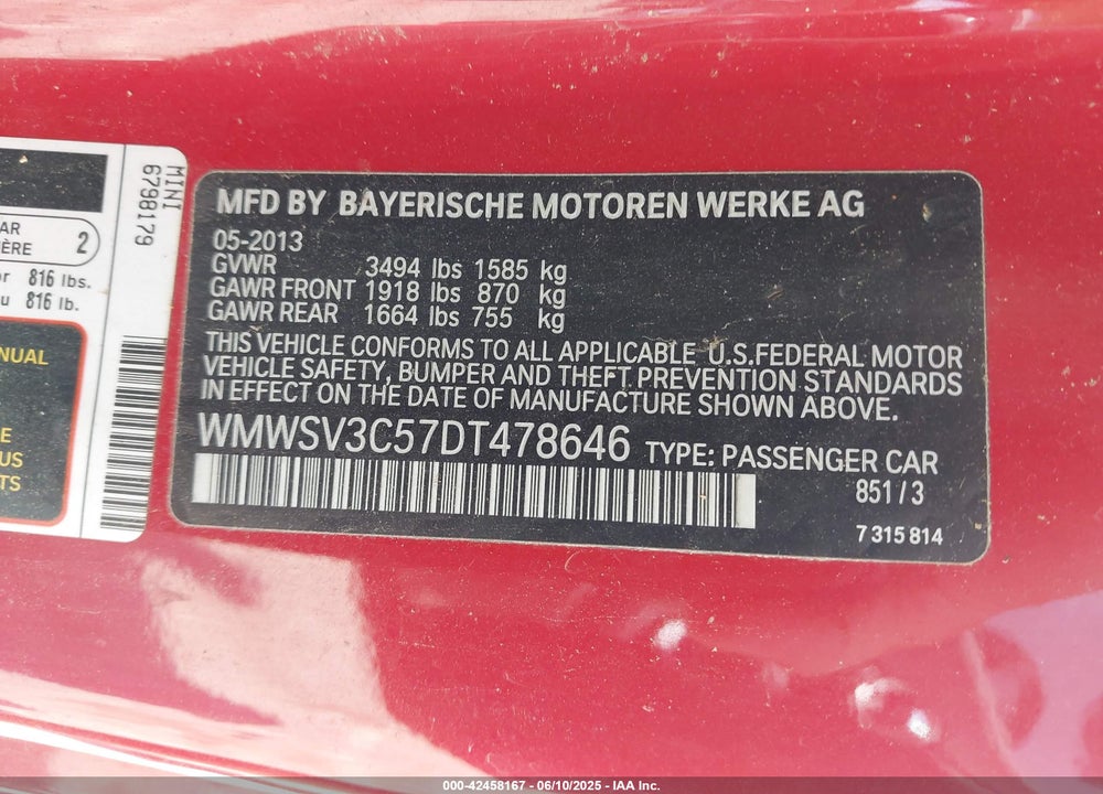 2013 MINI HARDTOP VIN: WMWSV3C57DT478646