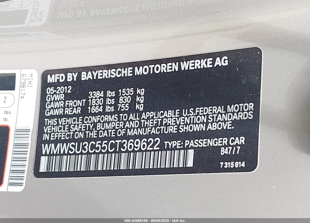 2012 MINI COOPER VIN: WMWSU3C55CT369622