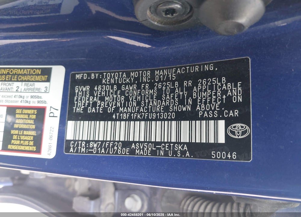 2015 TOYOTA CAMRY VIN: 4T1BF1FK7FU913020