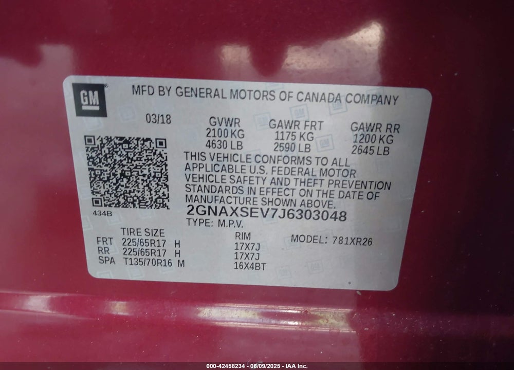 2018 CHEVROLET EQUINOX VIN: 2GNAXSEV7J6303048