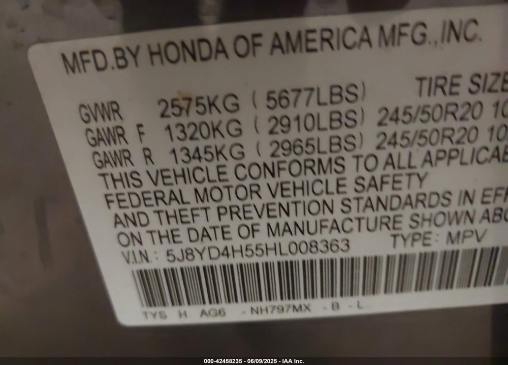 2017 ACURA MDX VIN: 5J8YD4H55HL008363