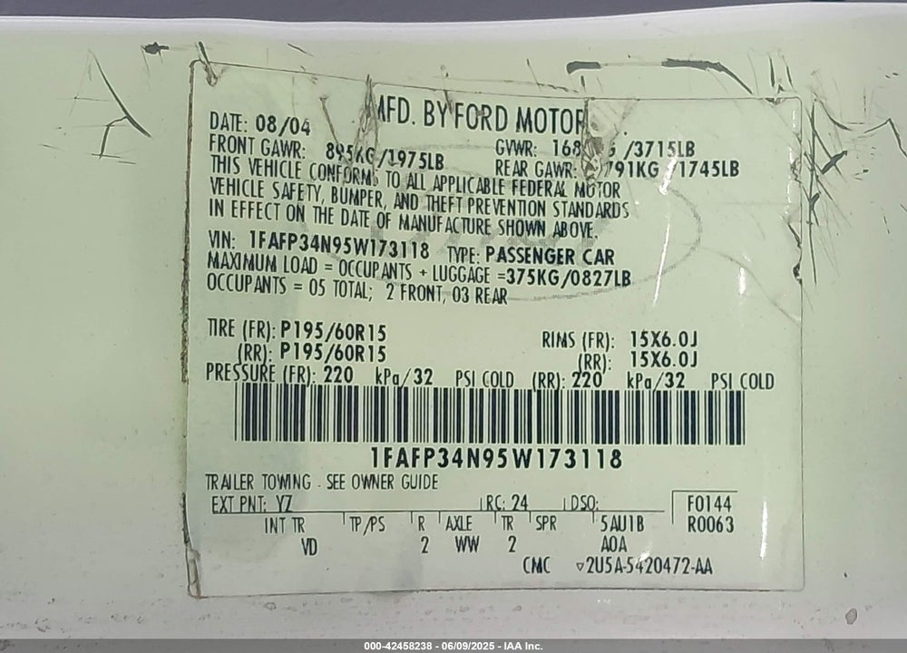 2005 FORD FOCUS ZX4 VIN: 1FAFP34N95W173118