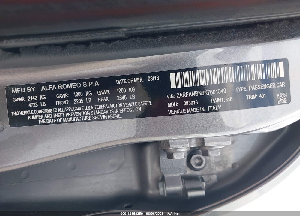 2019 ALFA ROMEO GIULIA TI SPORT AWD VIN: ZARFANBN3K7601349