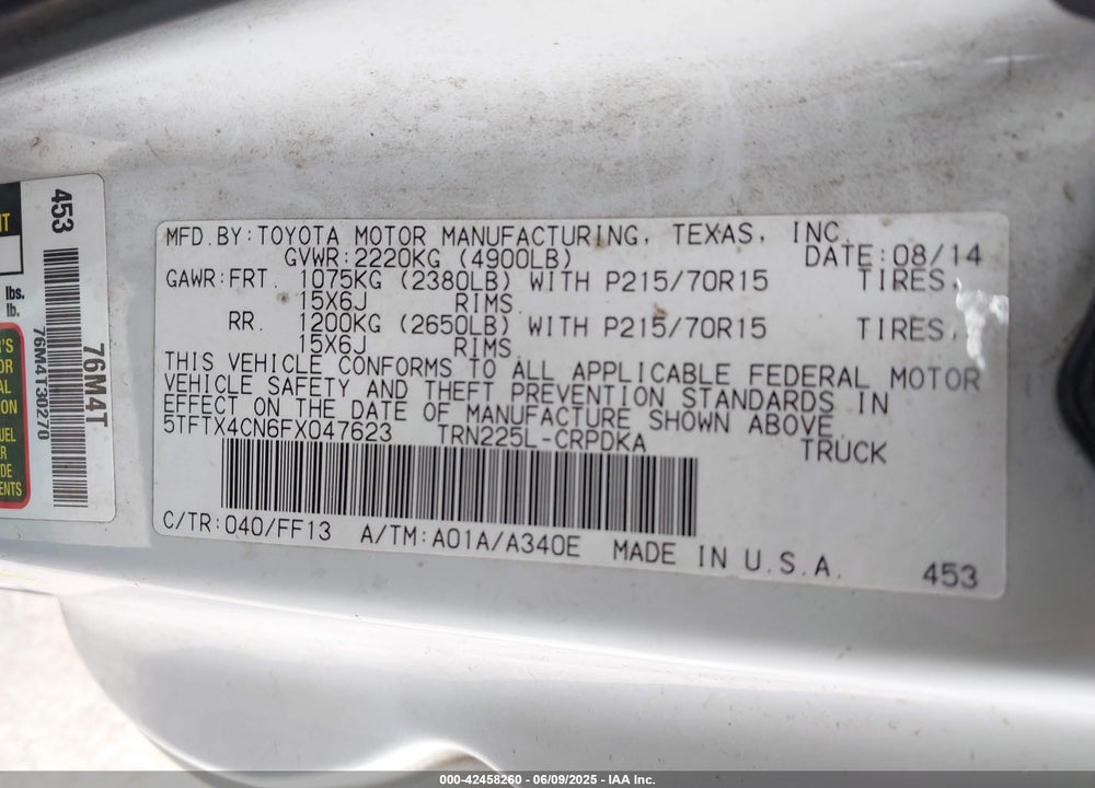 2015 TOYOTA TACOMA VIN: 5TFTX4CN6FX047623