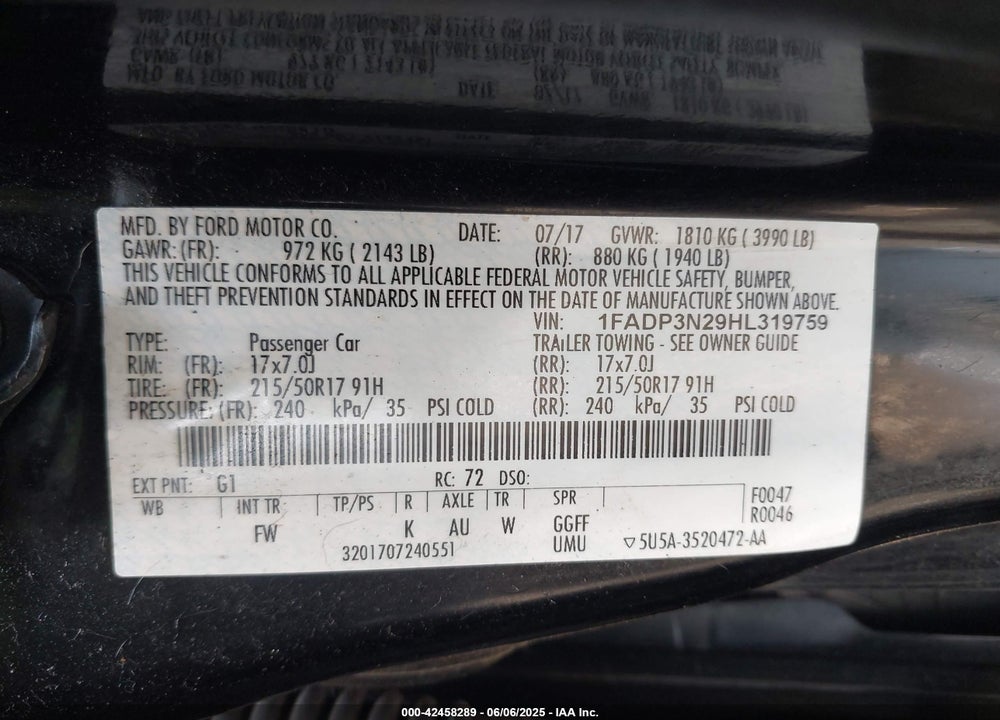 2017 FORD FOCUS VIN: 1FADP3N29HL319759