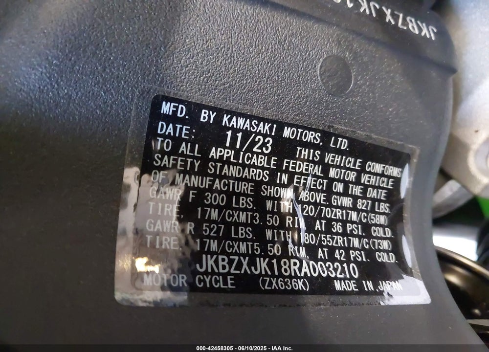 2024 KAWASAKI ZX636 K VIN: JKBZXJK18RA003210