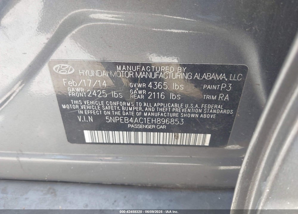 2014 HYUNDAI SONATA GLS VIN: 5NPEB4AC1EH896853
