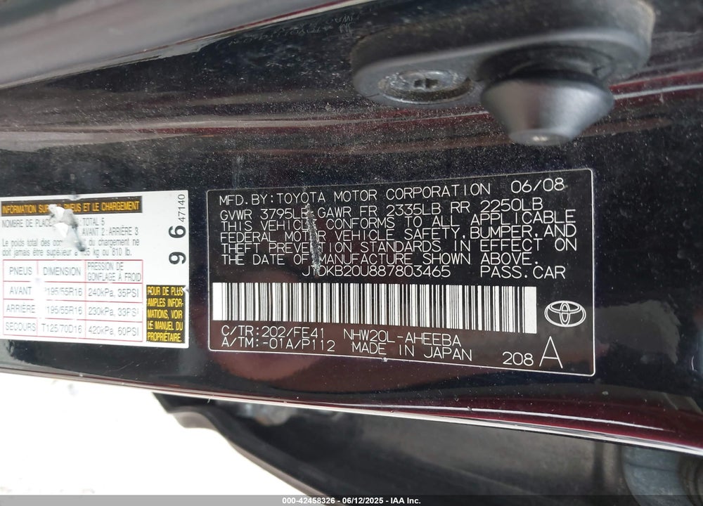 2008 TOYOTA PRIUS TOURING VIN: JTDKB20U887803465