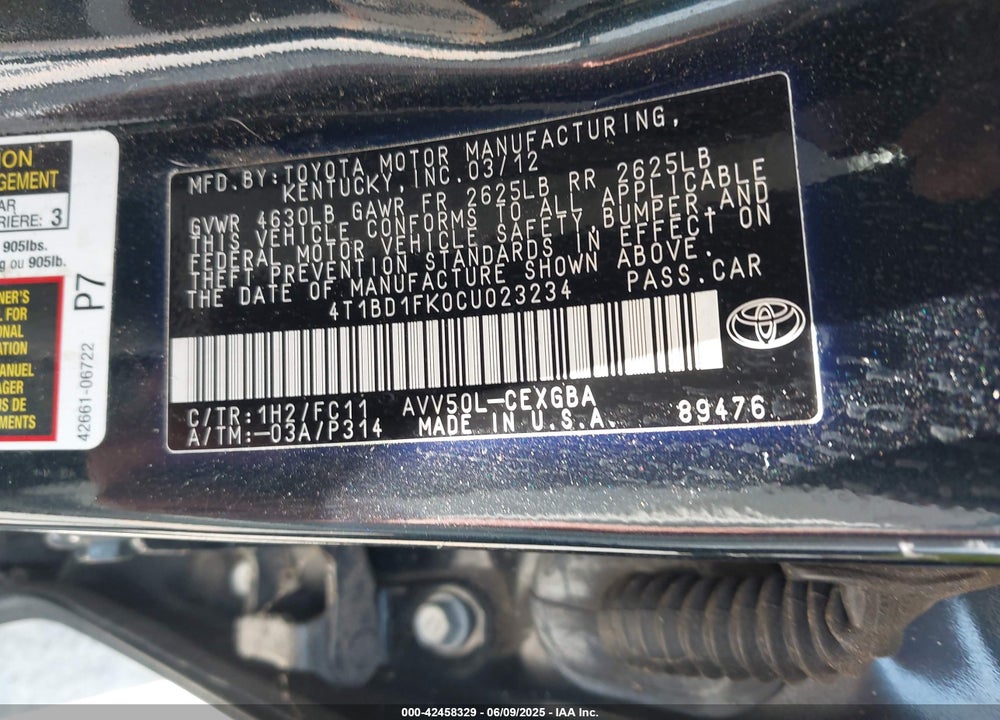 2012 TOYOTA CAMRY HYBRID VIN: 4T1BD1FK0CU023234