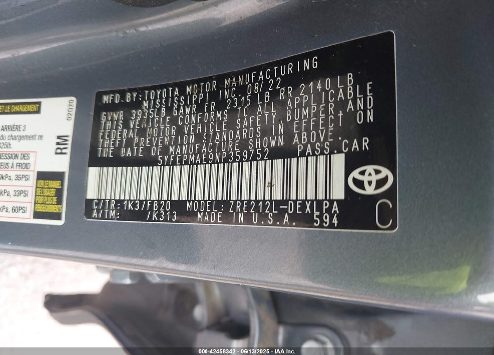 2022 TOYOTA COROLLA VIN: 5YFEPMAE9NP359752