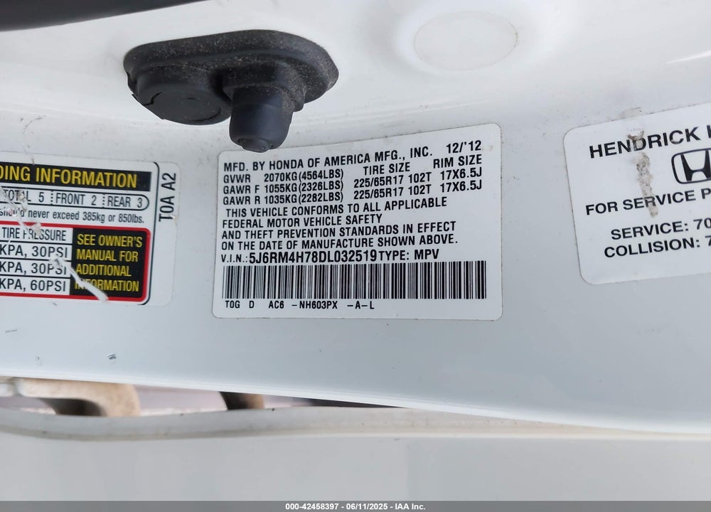 2013 HONDA CR-V VIN: 5J6RM4H78DL032519