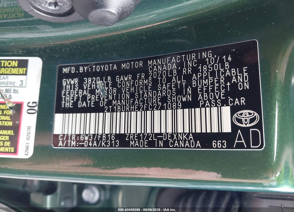 2015 TOYOTA COROLLA LE VIN: 2T1BURHE2FC271089