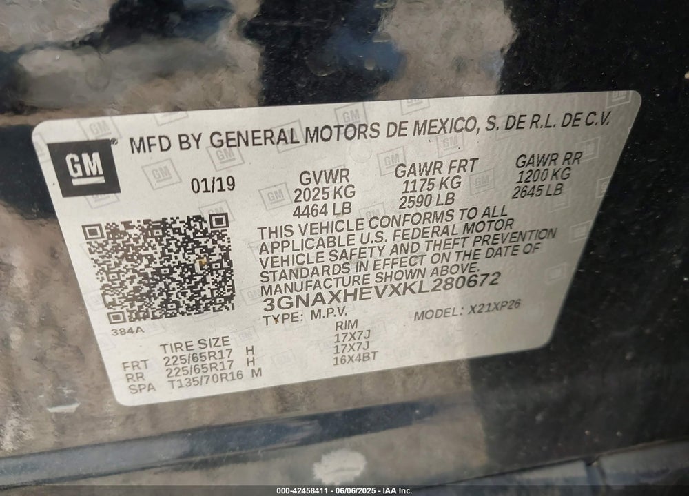 2019 CHEVROLET EQUINOX LS VIN: 3GNAXHEVXKL280672