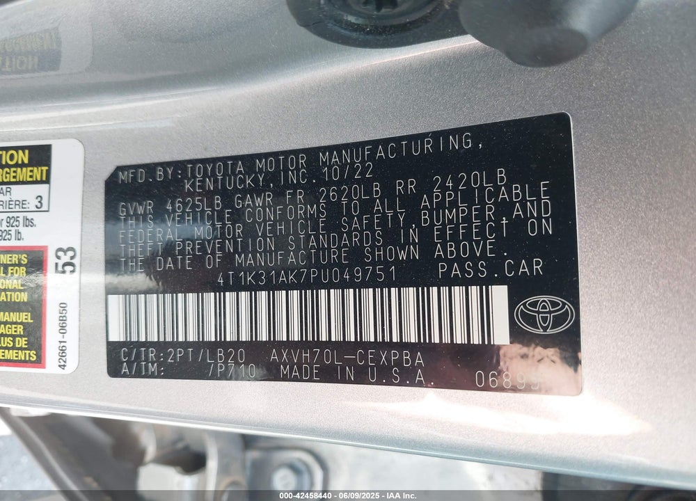 2023 TOYOTA CAMRY VIN: 4T1K31AK7PU049751
