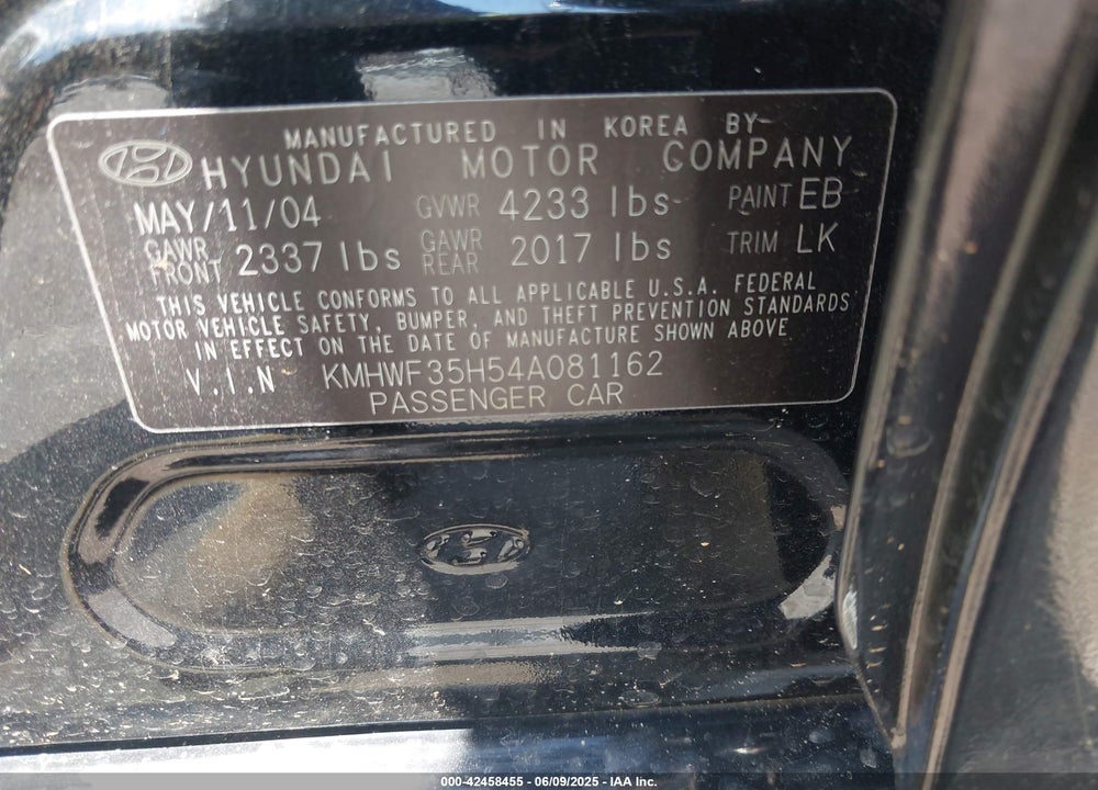 2004 HYUNDAI SONATA GLS/LX VIN: KMHWF35H54A081162