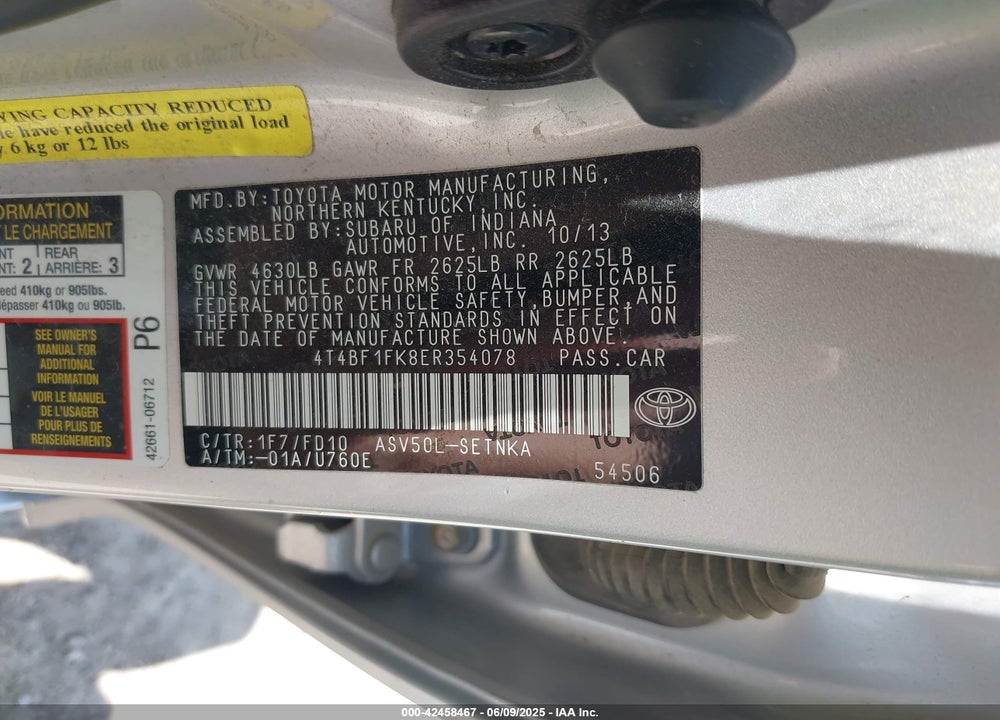 2014 TOYOTA CAMRY VIN: 4T4BF1FK8ER354078