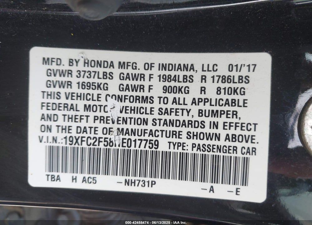 2017 HONDA CIVIC LX VIN: 19XFC2F58HE017759