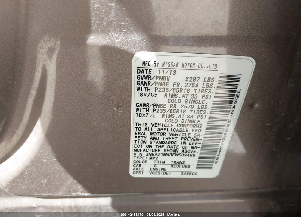 2014 NISSAN MURANO VIN: JN8AZ1MW3EW509488