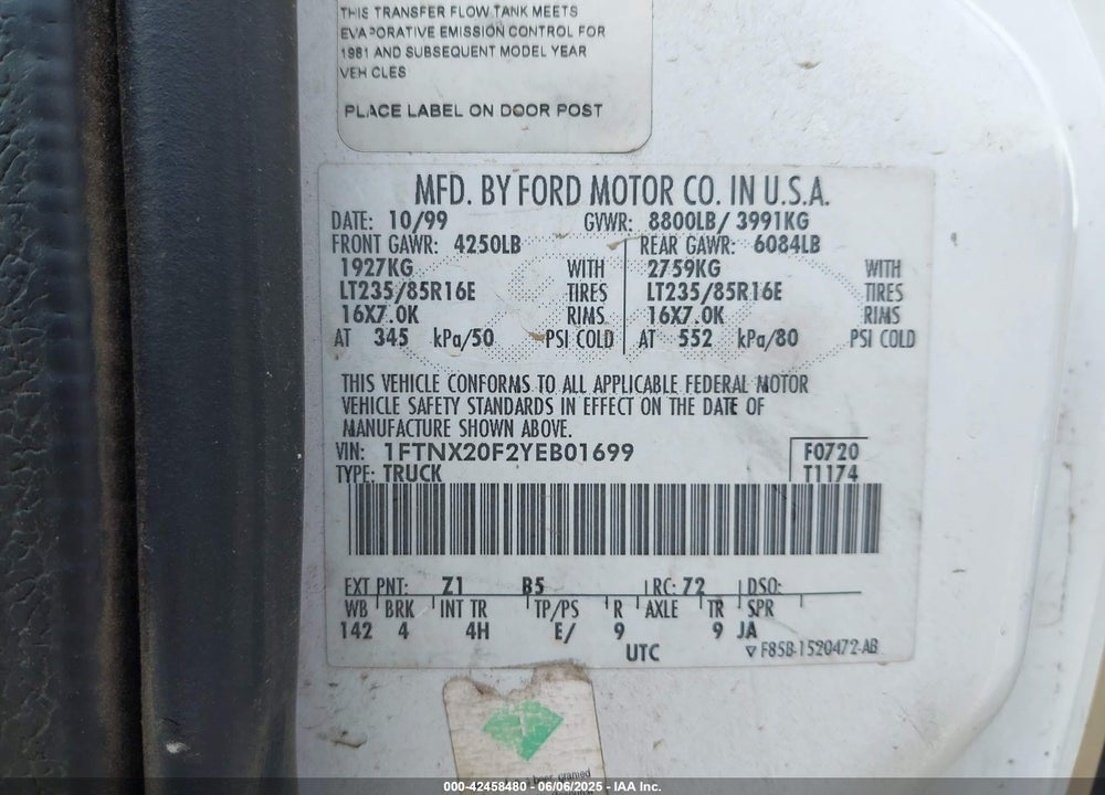 2000 FORD F-250 LARIAT/XL/XLT VIN: 1FTNX20F2YEB01699
