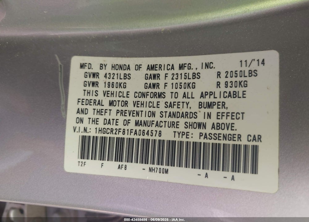 2015 HONDA ACCORD EX-L VIN: 1HGCR2F81FA064578