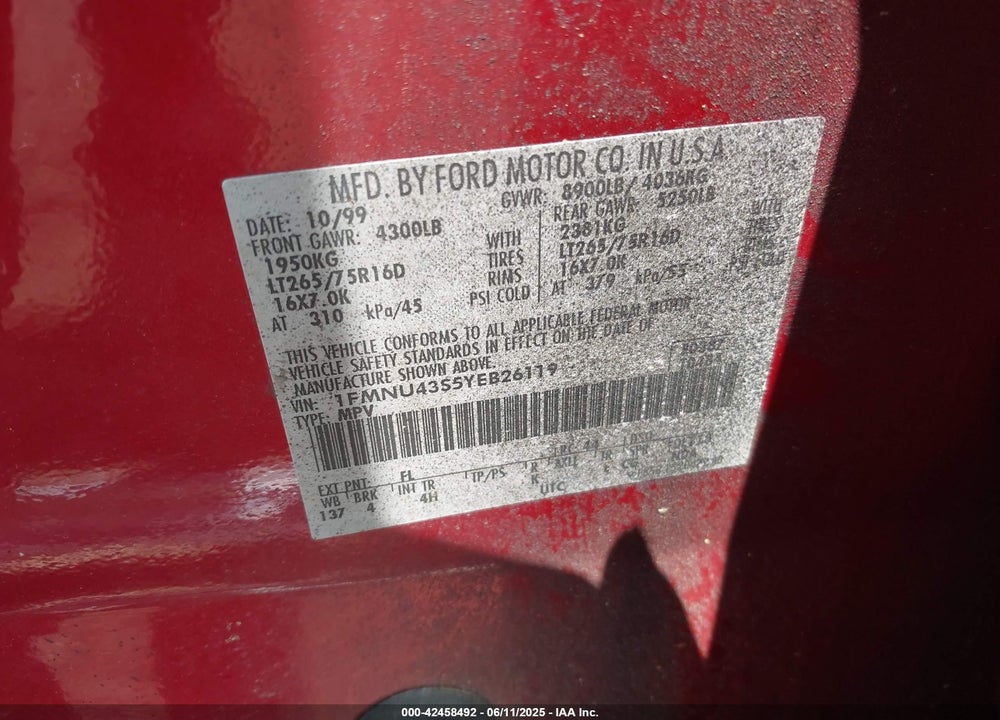 2000 FORD EXCURSION LIMITED VIN: 1FMNU43S5YEB26119