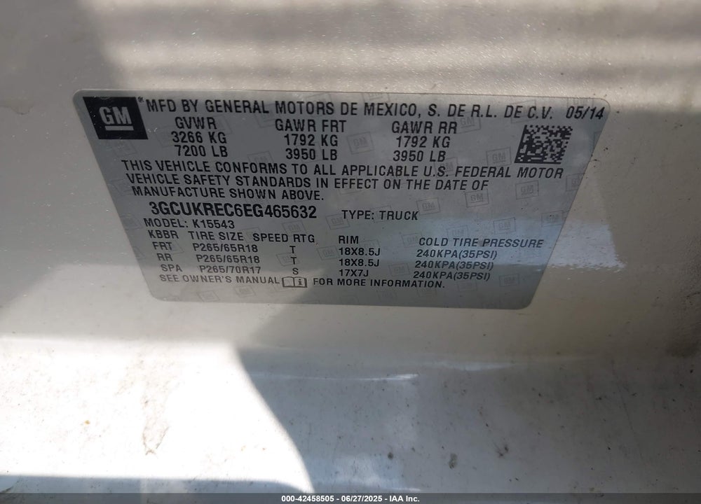 2014 CHEVROLET SILVERADO 1500 2LT VIN: 3GCUKREC6EG465632